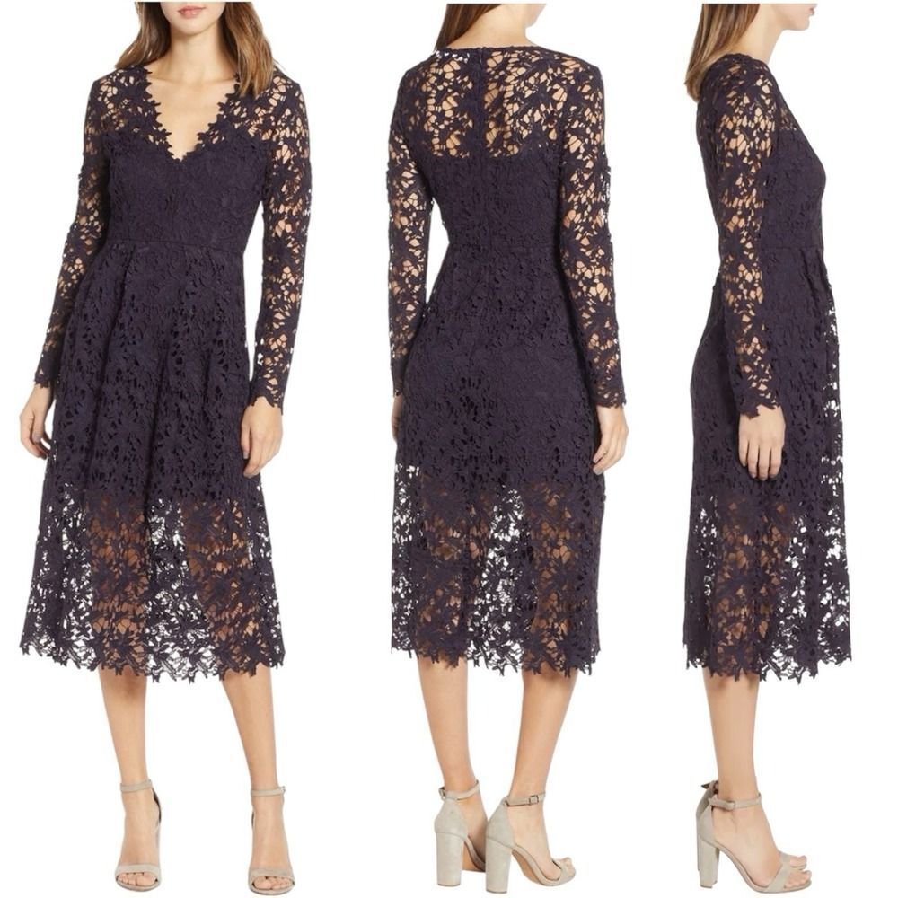 ASTR The Label Lace Midi Dress. Long Sleeve. Lined. Zipper. Womens. Navy. Sz M